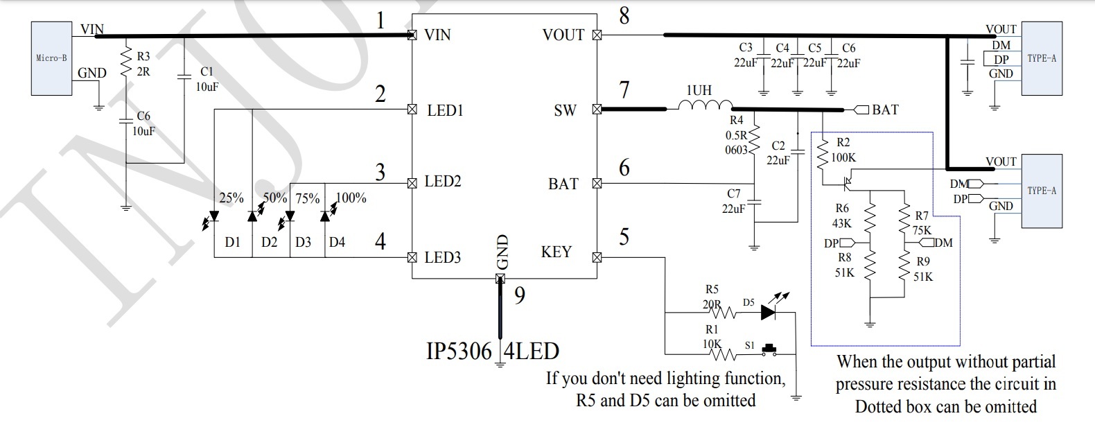 Типовое включение IP5306 из документации
